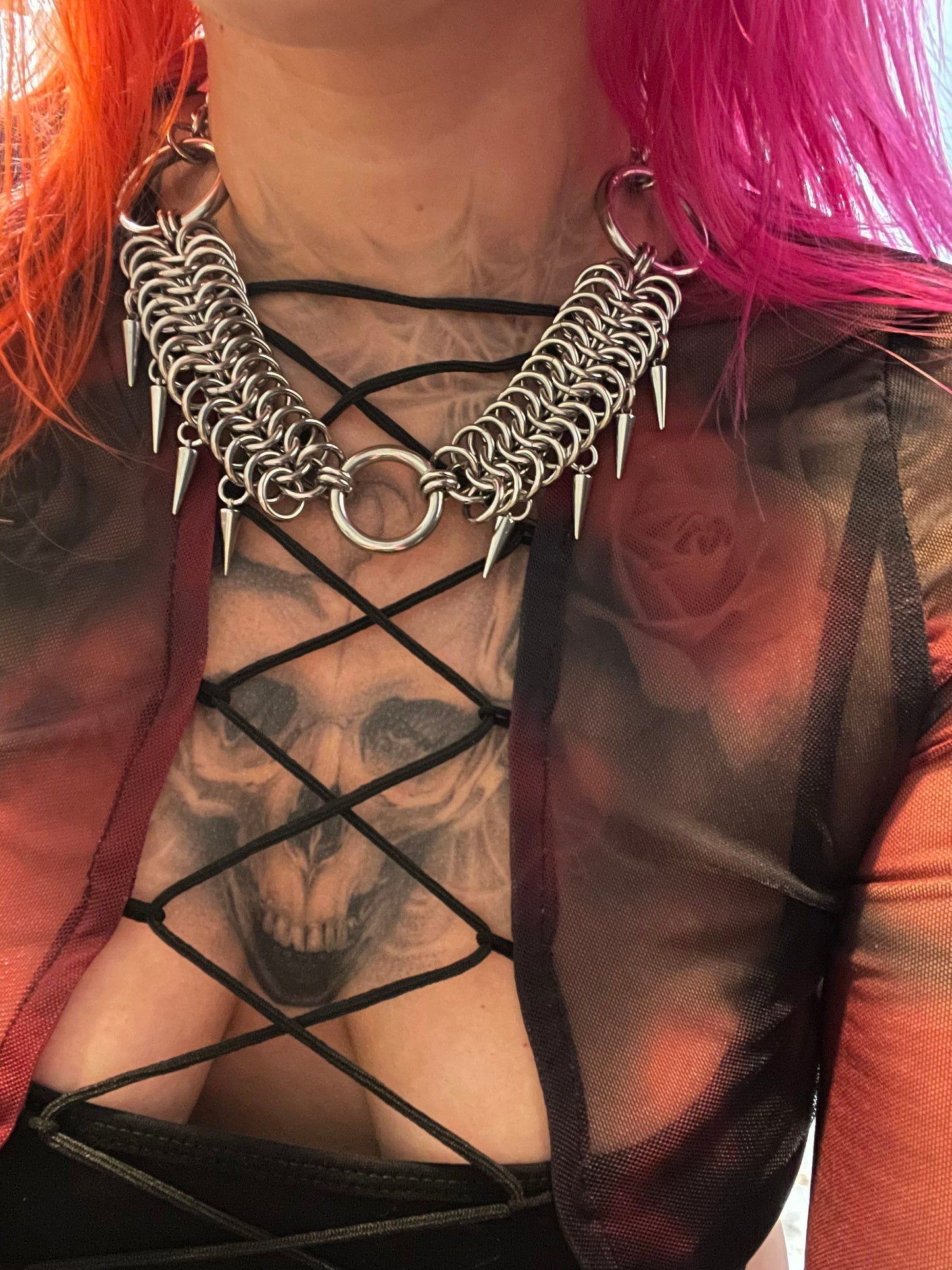 Chainmaille necklace, European 6&1 with spikes