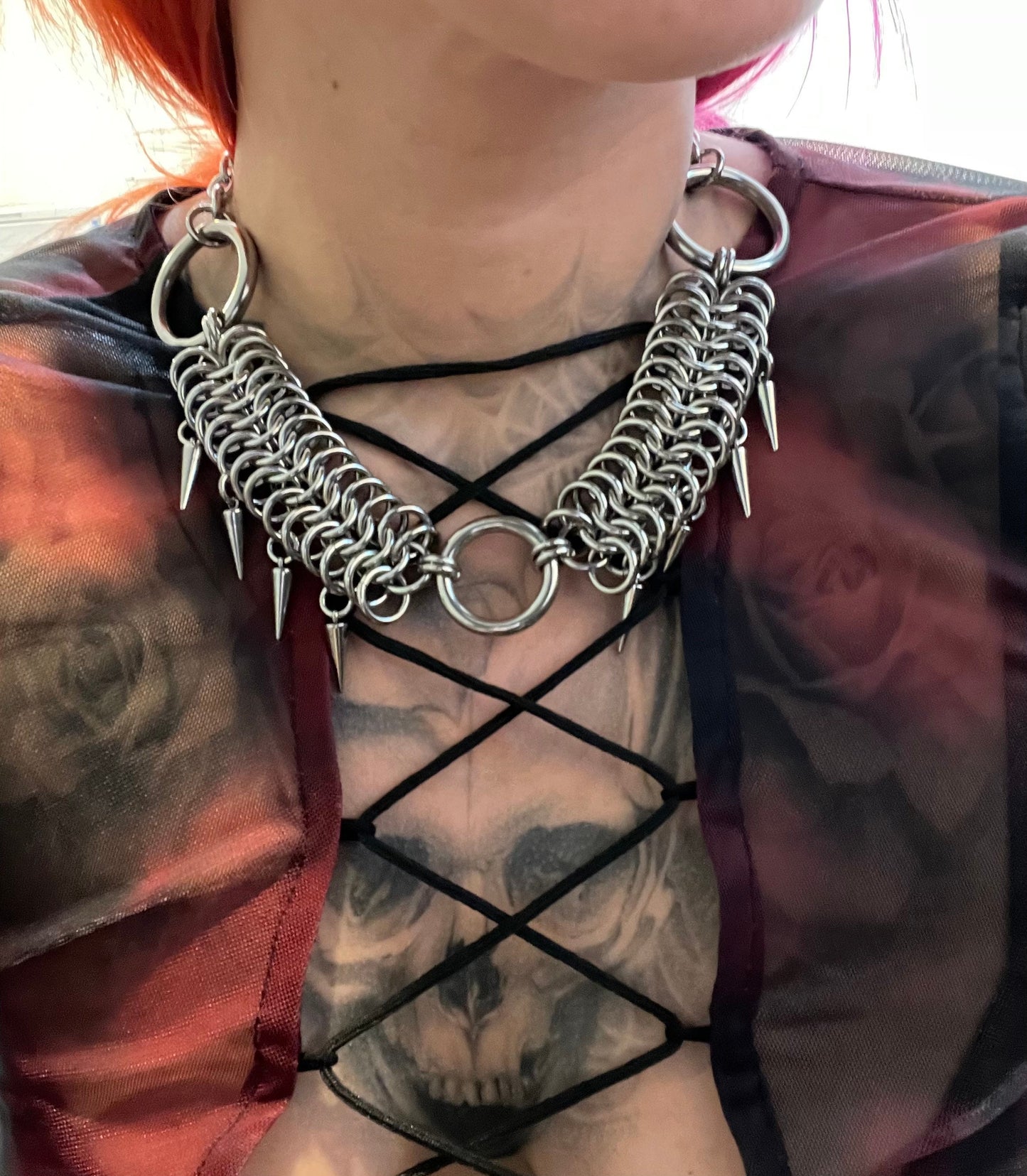 Chainmaille necklace, European 6&1 with spikes