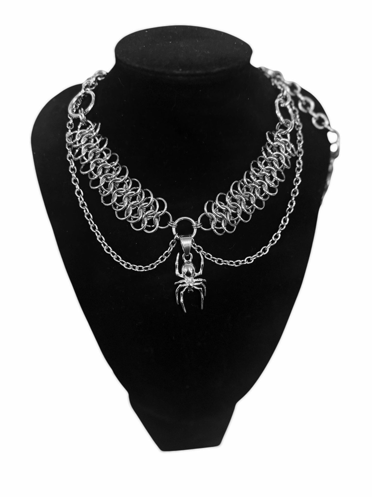Axe, dagger, scorpion, skull, heart, flail, mace spider necklace, chainmaille