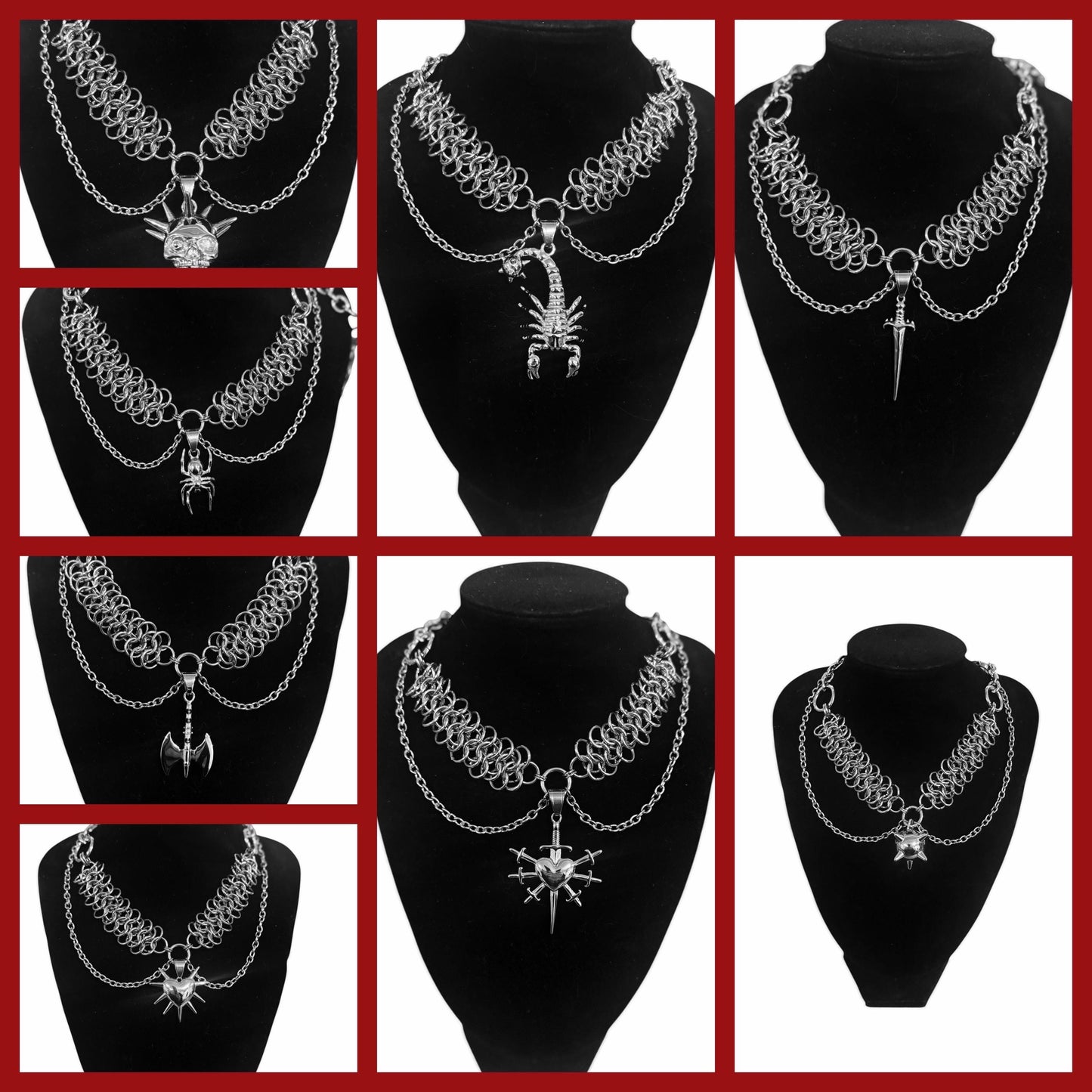 Axe, dagger, scorpion, skull, heart, flail, mace spider necklace, chainmaille