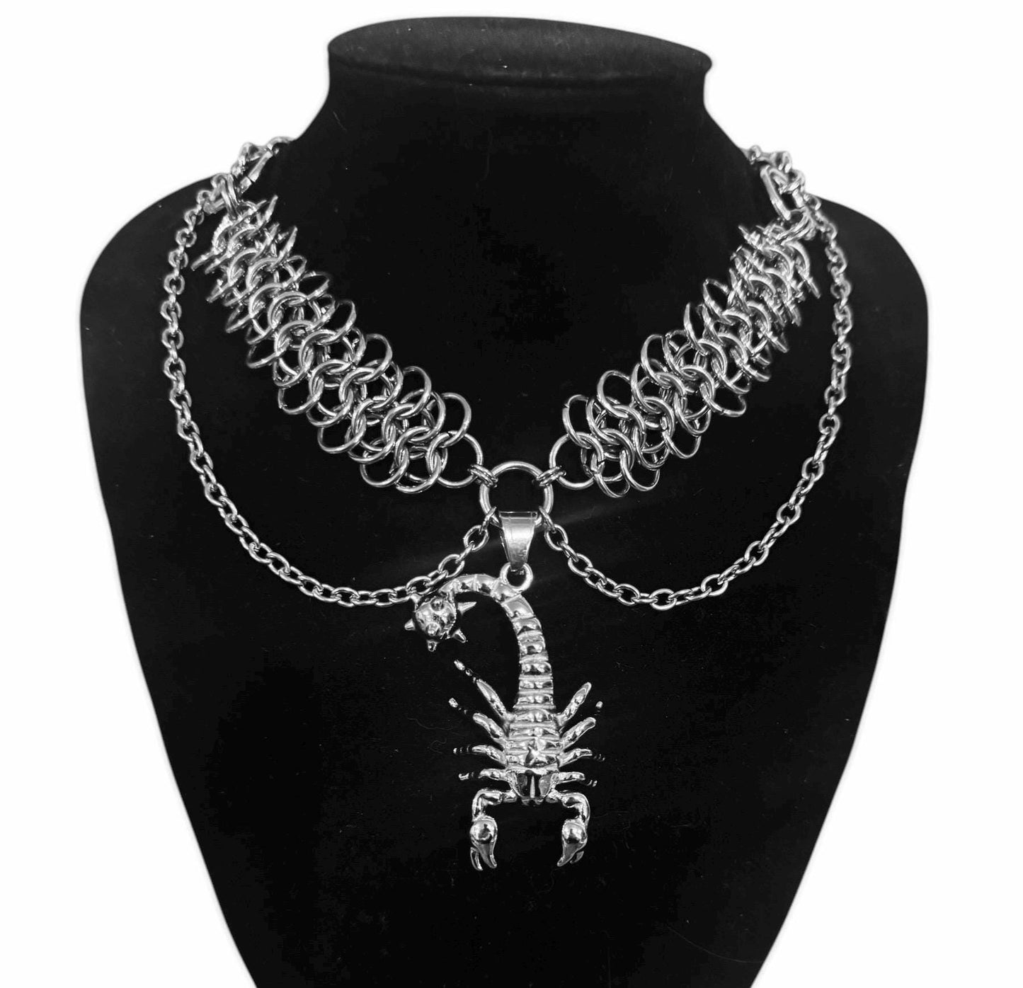 Axe, dagger, scorpion, skull, heart, flail, mace spider necklace, chainmaille