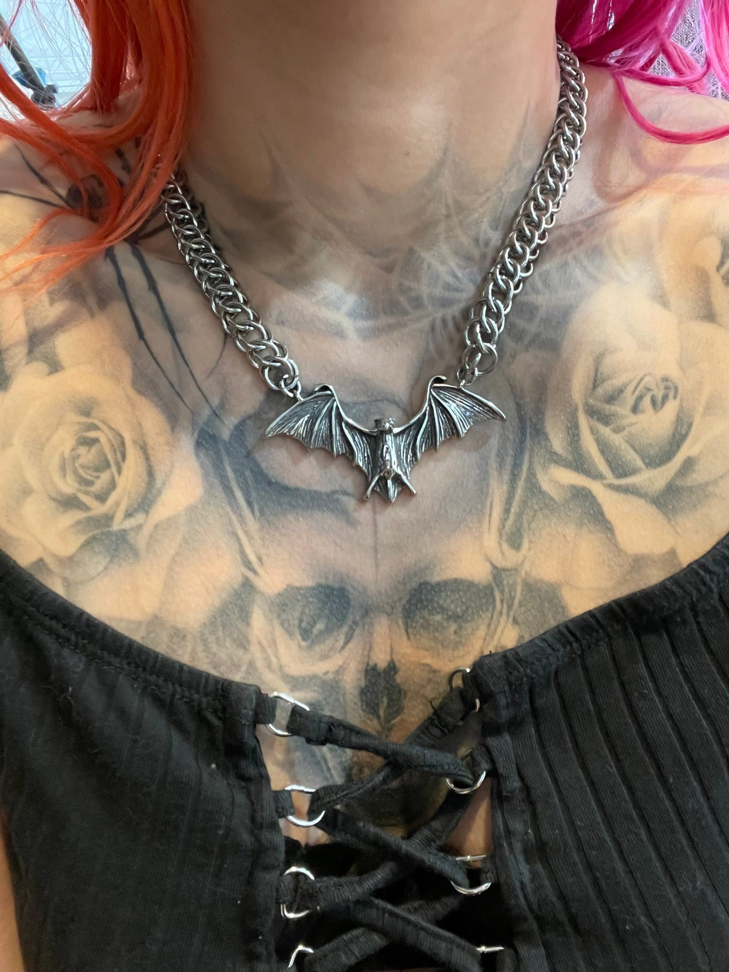Bat necklace, gothic necklace, chainmaille