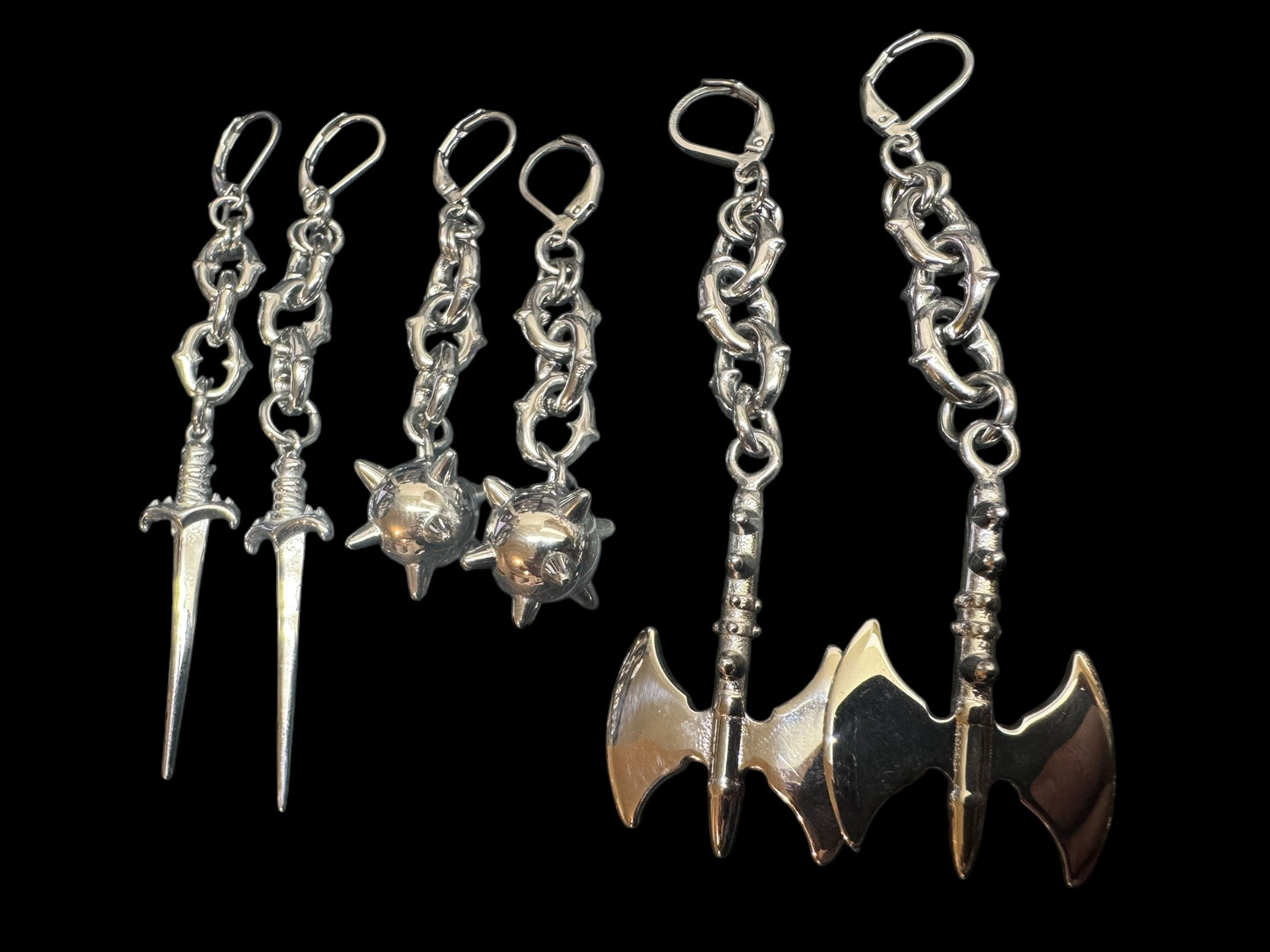 Flail, dagger, axe earrings (silver or gold)
