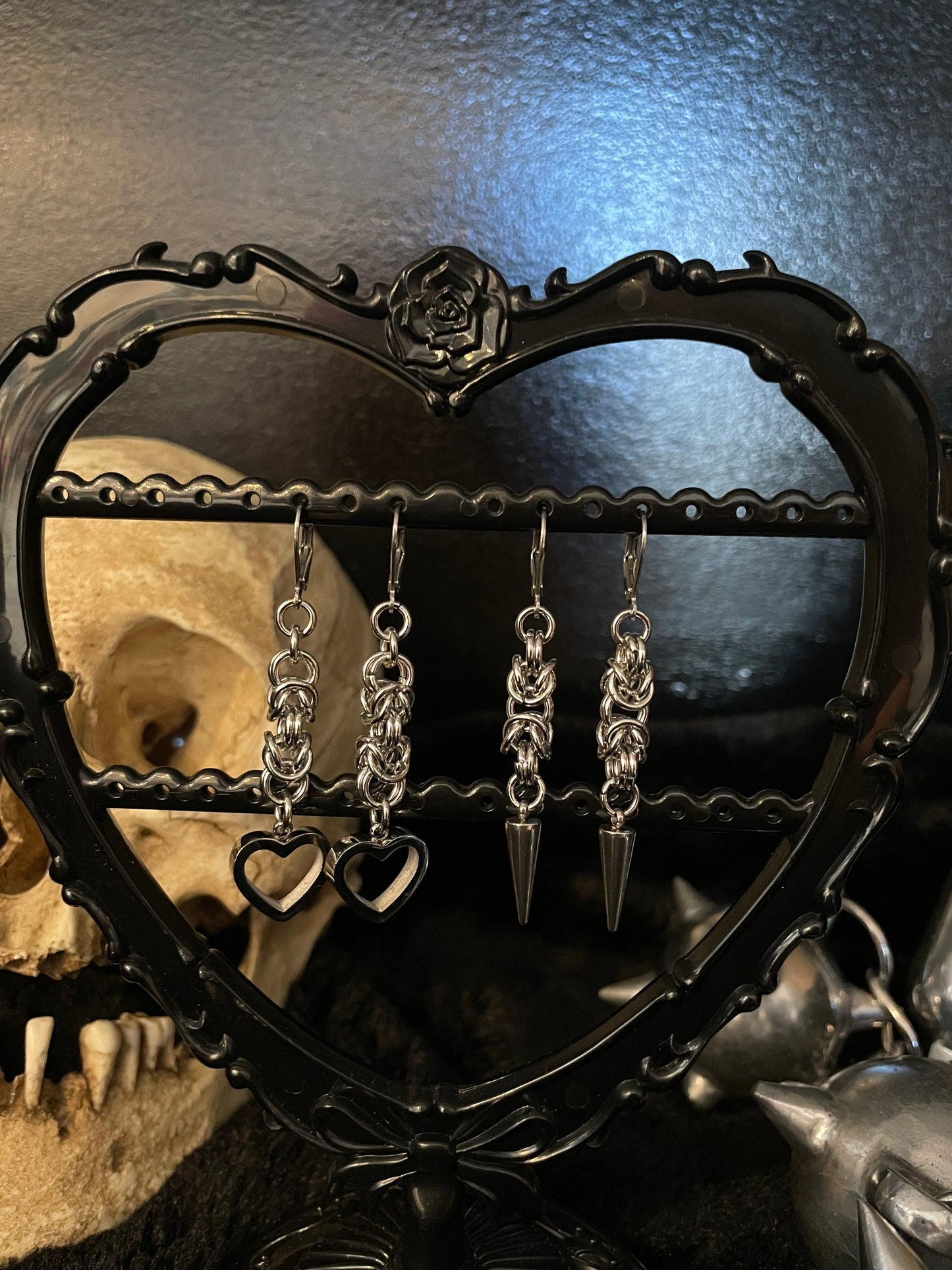 chainmaille heart/ spike earrings