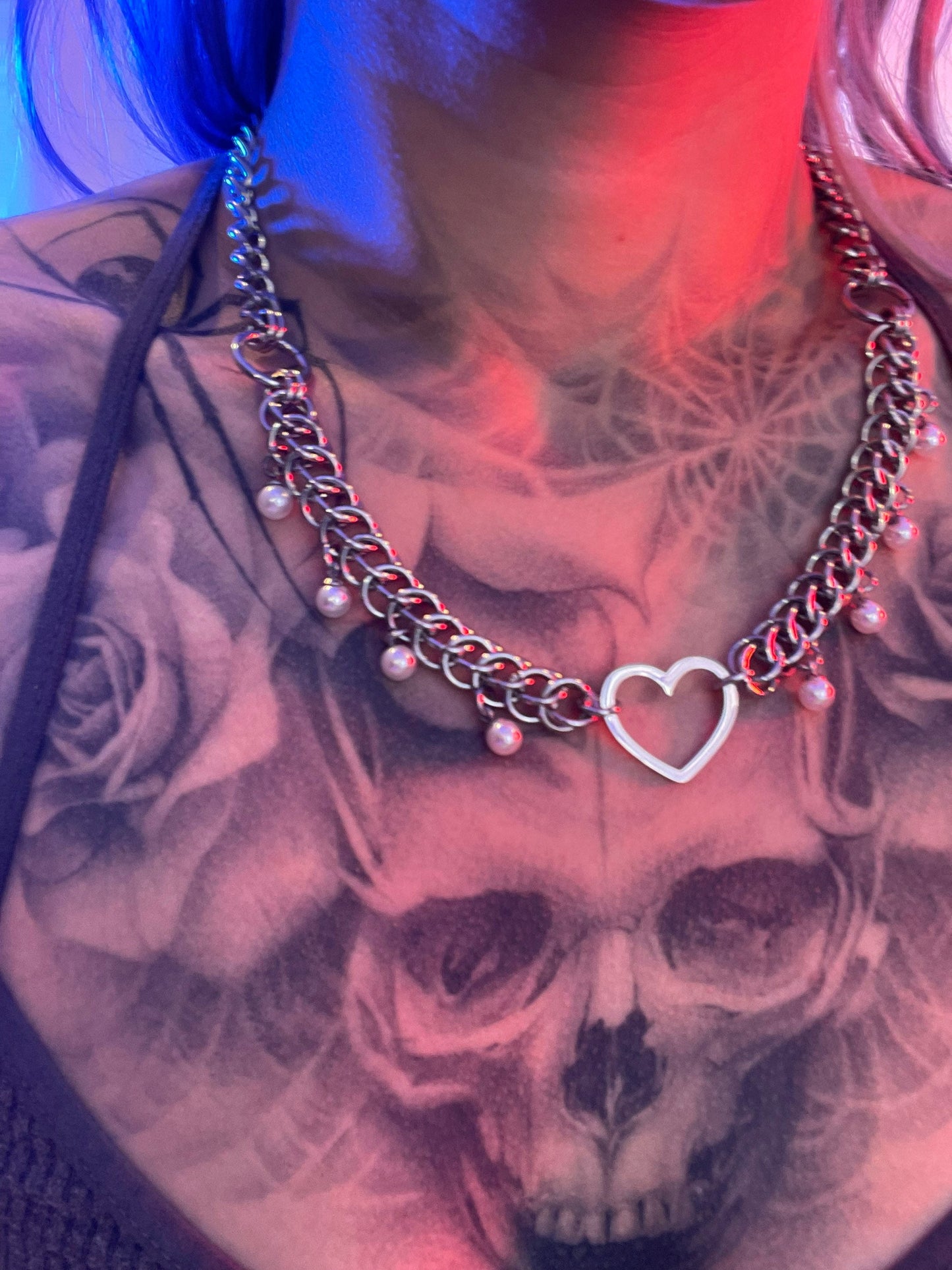 Heart necklace, chainmaille Pearl necklace
