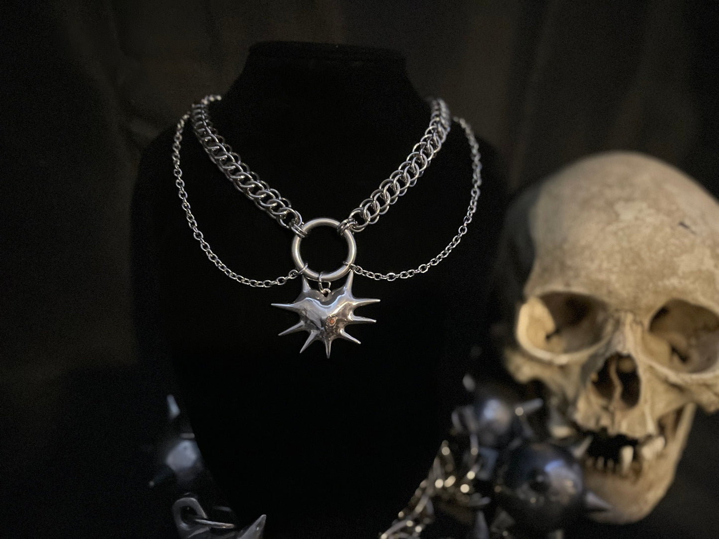 Spiked heart necklace, chainmaille