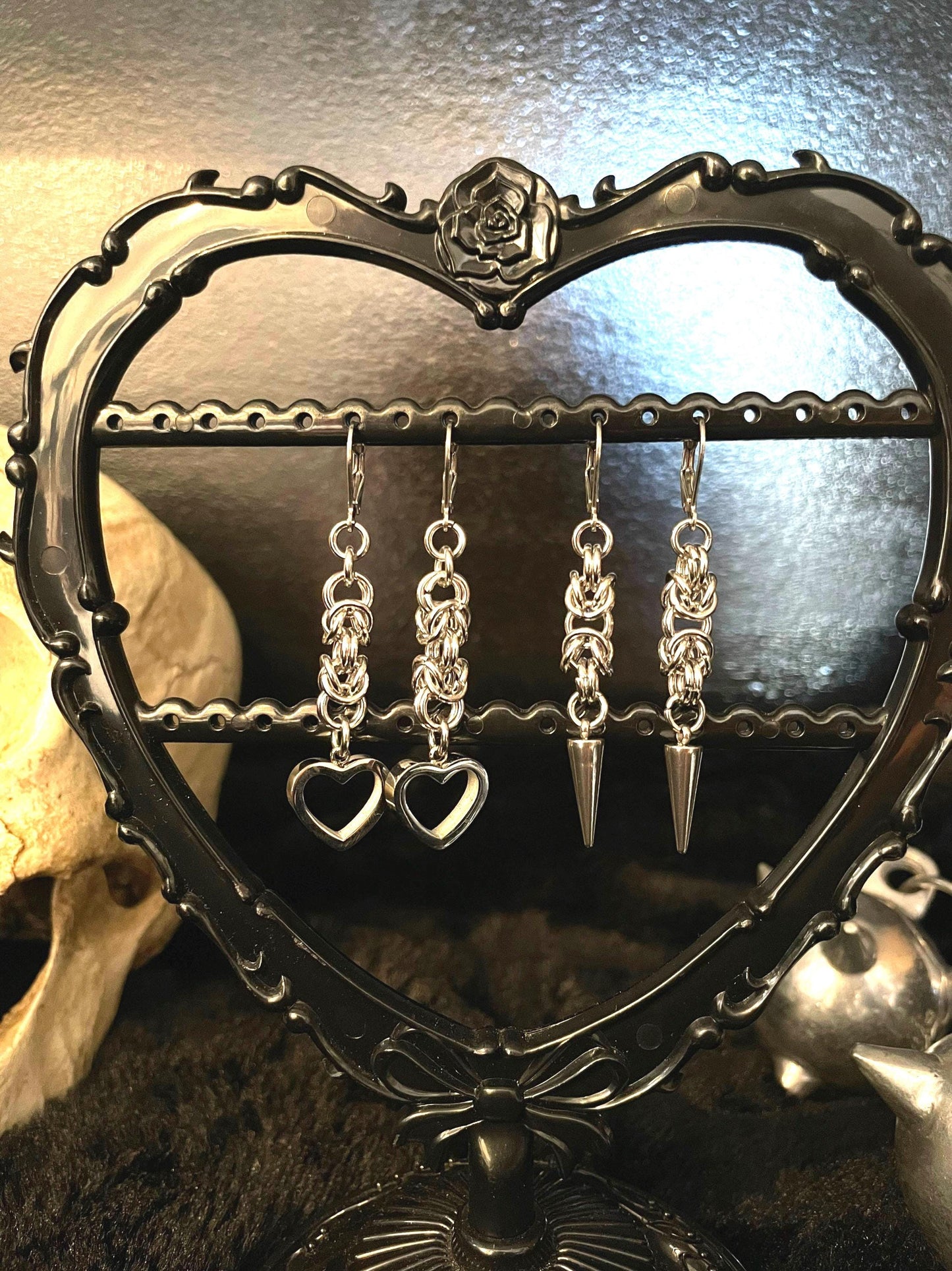 chainmaille heart/ spike earrings