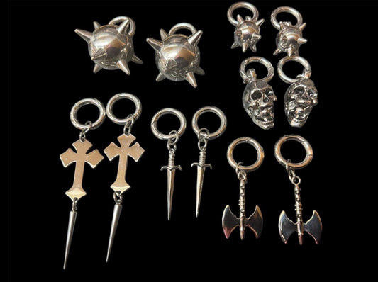 Ear weights, Medieval Skulls, battle axe, dagger, cross, flails