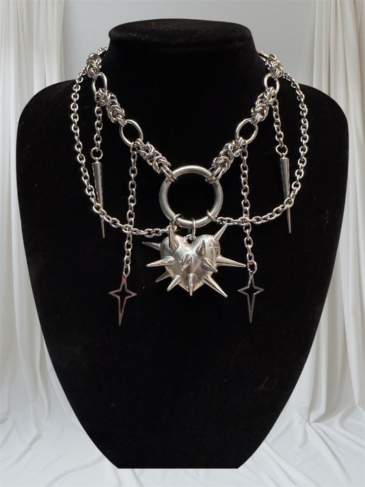 Spiked chainmail Byzantine heart necklace