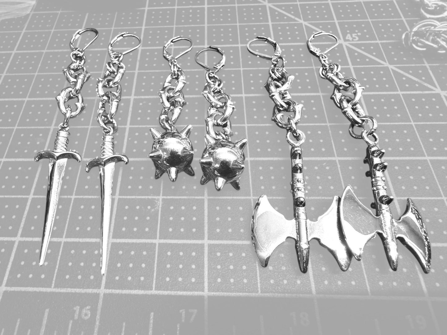 Flail, dagger, axe earrings
