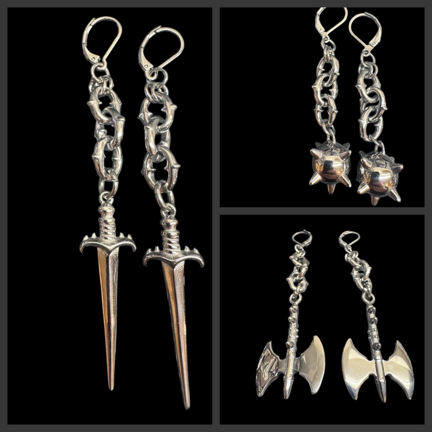 Flail, dagger, axe earrings