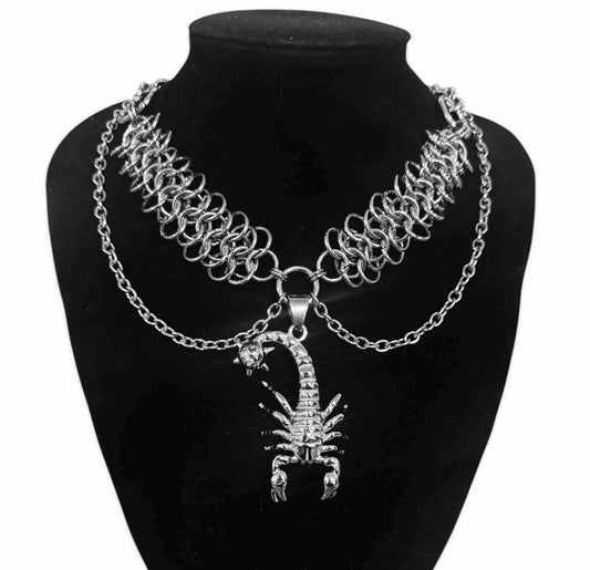 Axe, dagger, scorpion, skull, heart, flail, mace spider necklace, chainmaille